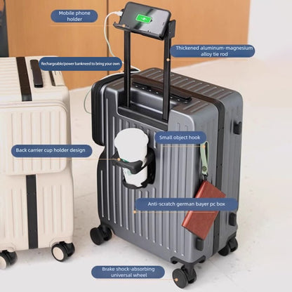 Mala de Viagem Multifuncional de Abertura Dupla de 20 Polegadas em PC com Porta USB, Suporte para Celular e Rodas com Freio, Bagagem de Viagem para Homens e Mulheres