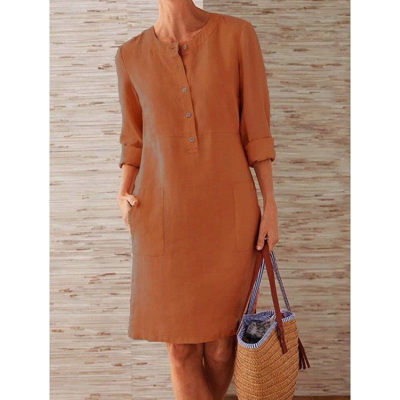 Women Casual Soild Long Sleeve Cotton And Linen Tunic Dress Vintage Straight Dress Long Sleeve Oversized Mini Knee-Length Dress