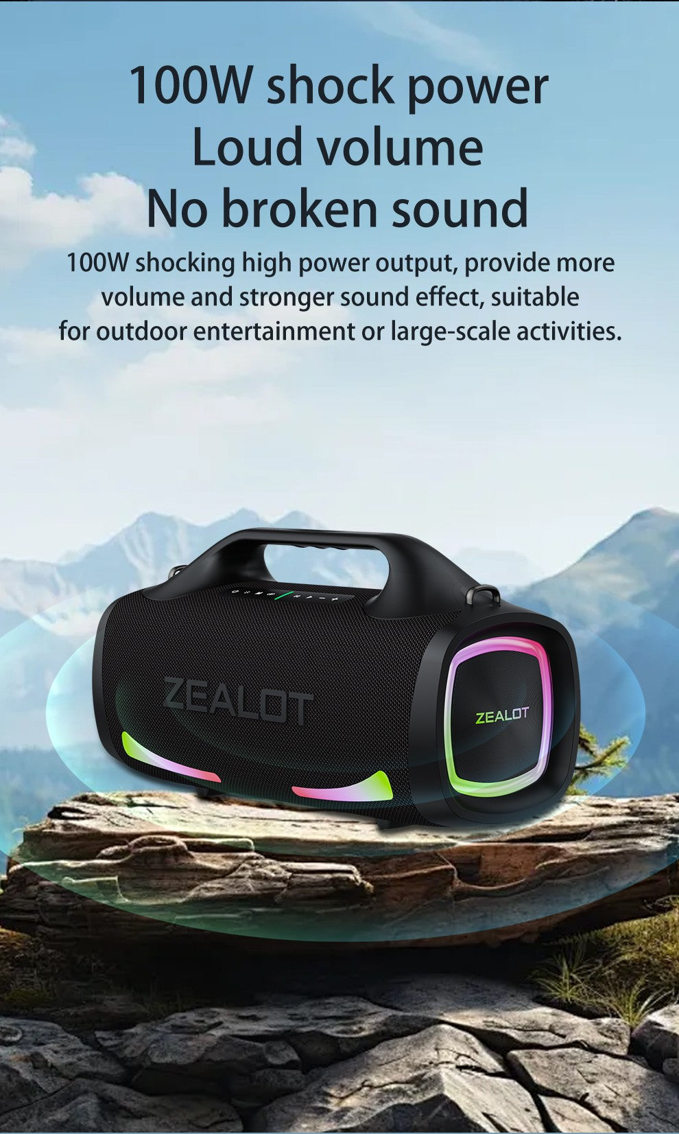 Caixa de Som Sem Fio Zealot S79 100W, Subwoofer Portátil para Exterior, Qualidade de Som Hifi, Pareamento Duplo, Carregamento Rápido, 24000mAh.