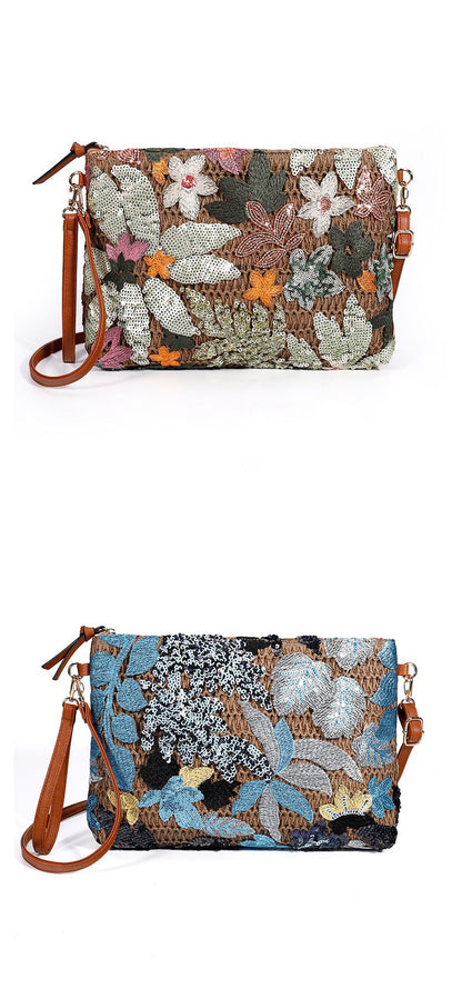 Fashion Embroidered Sequins Clutch Bag for Women Flower Straw Shoulder Crossbody Bags Summer Party Bag Vacation Big Purses 2024
