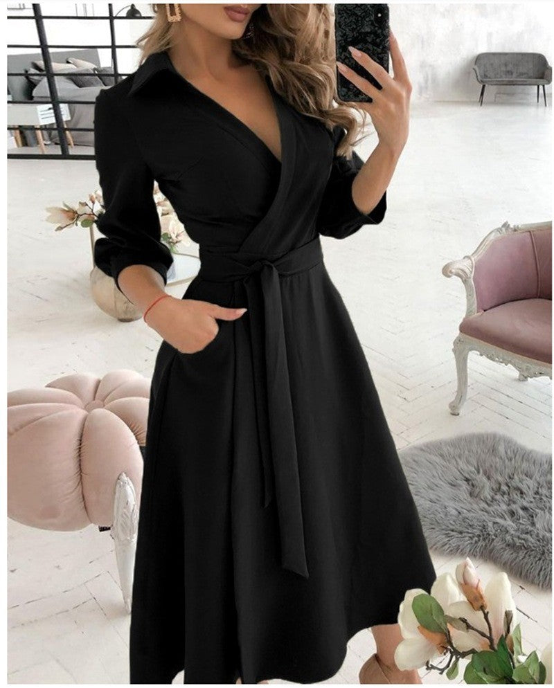 Spring Autumn Fashion Office Ruched Dress Long-sleeved V-neck Red Black Blue Bag Hip Dress Women's Clothing Dress for Women