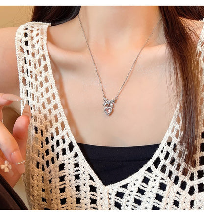 Colar coreano com pingente de laço de coração de cristal rosa, corrente prateada, para mulheres, joias estéticas para casamento