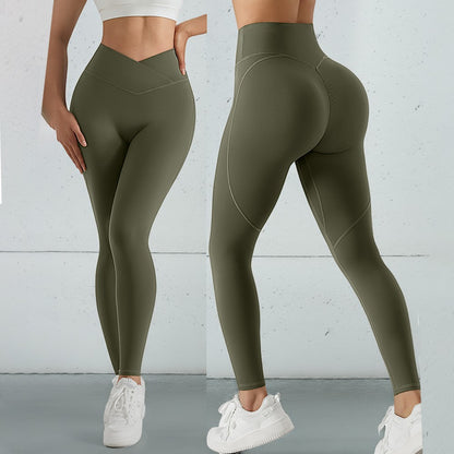 Women V Cross Waist Butt Lifting Leggings with Pockets High Waist Yoga Pants Workout Running Gym Fitness Sports Leggings Female