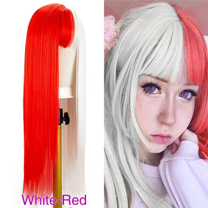 Green And Black Lolita Cosplay Wig Straight Wigs With Bangs Synthetic Heat Resistant Two Tone Wigs Black & Pink Split Color Wig