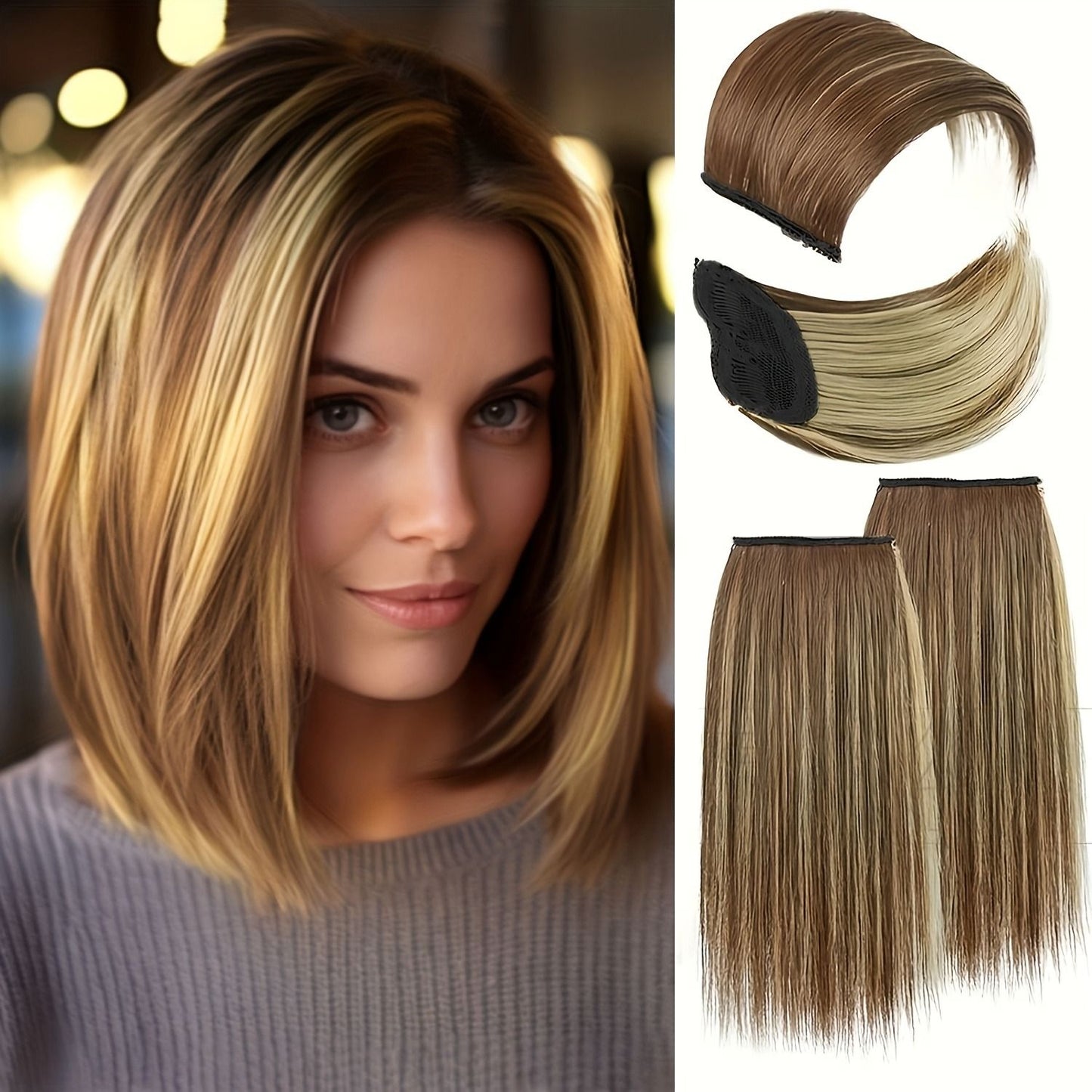 4 Pcs Perucas Femininas Sintéticas com Topo de Cabeça - Perucas Curtas e Grossas com Grampos Invisíveis - Extensão de Cabelo para Cabelo Ralo Adicionando Volume
