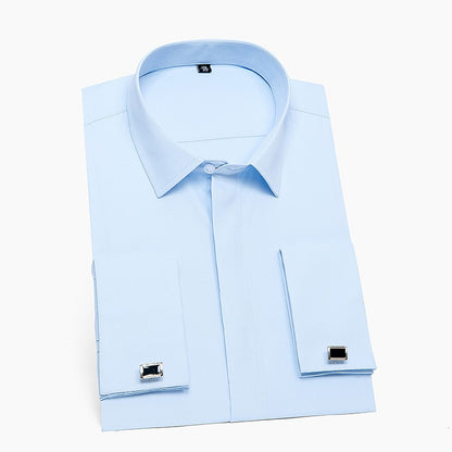 Men's Classic French Cuff Dress Shirt Covered Placket Long Sleeve Tuxedo Male Shirts with Cufflinks No Pocket Office Work White
