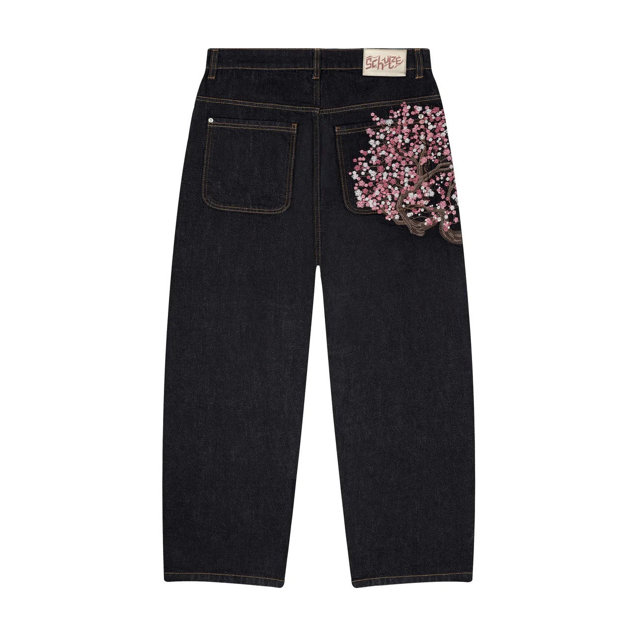 Calça Jeans Y2k Retrô Masculina Casual Larga Reta Wide Leg de Alta Qualidade Streetwear Hiphop com Bordado de Flor de Cerejeira na Bainha