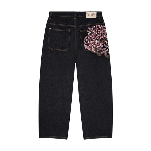 Calça Jeans Y2k Retrô Masculina Casual Larga Reta Wide Leg de Alta Qualidade Streetwear Hiphop com Bordado de Flor de Cerejeira na Bainha