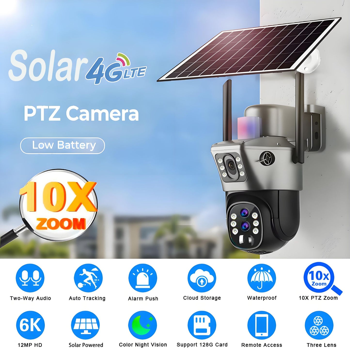 10x Zoom 4G SIM Solar Camera Outdoor 6K 12MP Three Lens HD Night Vision IP Surveillance Camera Security Protection  PTZ CCTV Cam