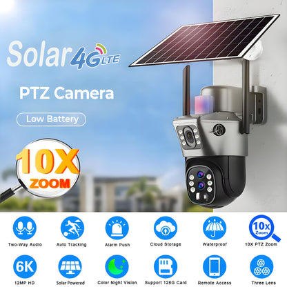 10x Zoom 4G SIM Solar Camera Outdoor 6K 12MP Three Lens HD Night Vision IP Surveillance Camera Security Protection  PTZ CCTV Cam