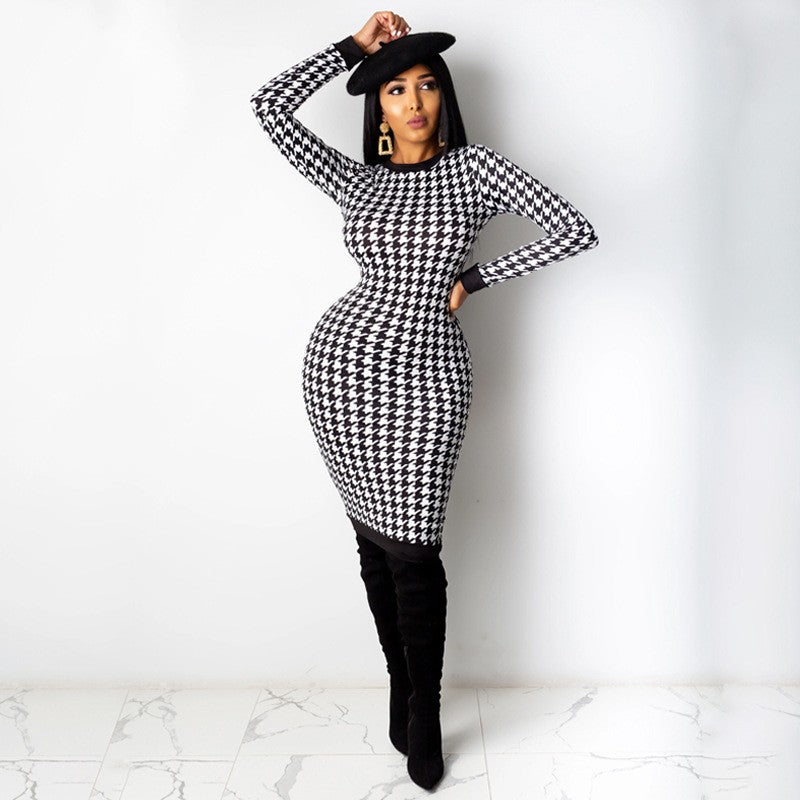 Houndstooth Print Women Long Sleeve Midi Dress Hollow Out Bodycon Sexy Streetwea