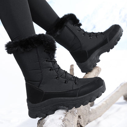 2025 Women's Snow Boots Beige Lace-up Waterproof Antiskid Female New Ankle Boots Walking Shoes plush Winter Warm Mid-Calf Boots
