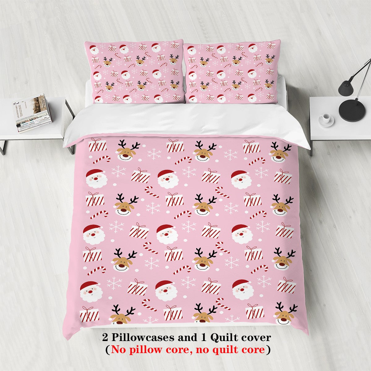 3-piece Christmas themed pink Santa Claus print (1 duvet cover+2 pillowcases, no core) soft and comfortable bedding set