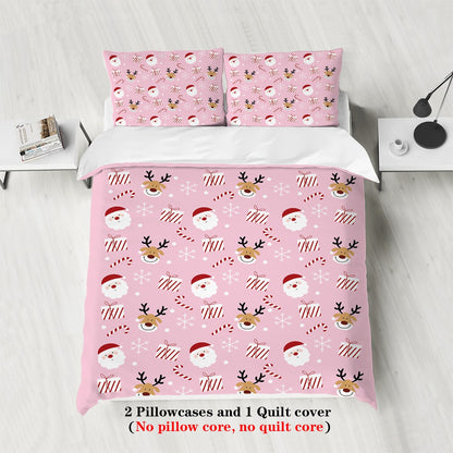 3-piece Christmas themed pink Santa Claus print (1 duvet cover+2 pillowcases, no core) soft and comfortable bedding set