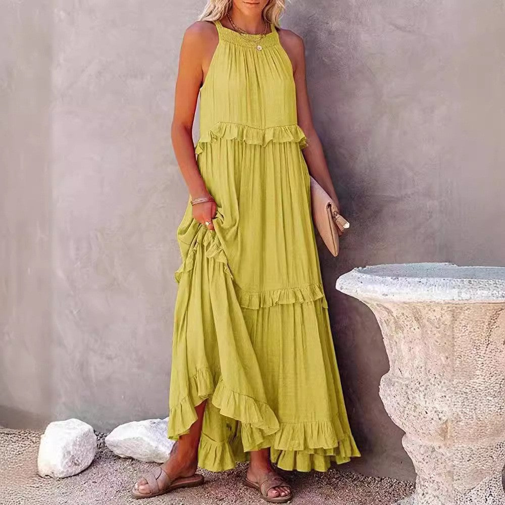 Elegant Women's Apricot Ruffle Edge Long Mop Floor Dresses Summer Fashion Hangin