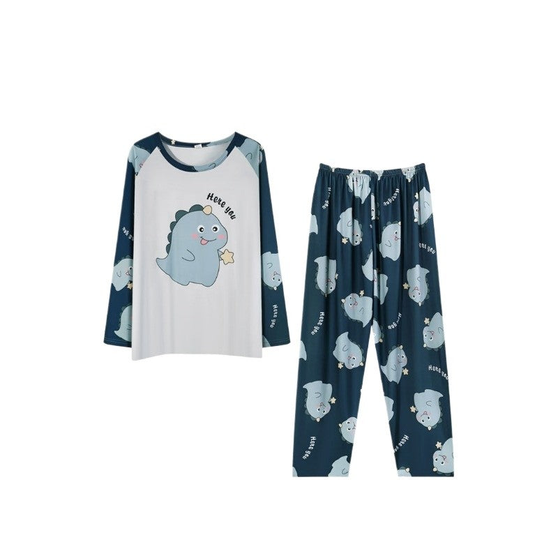 Pajamas Set of Men Cotton Long-Sleeved Simple Cartoon Dinosaur Sleepwear Homewear Students Two-Piece Nightwear Loungewear