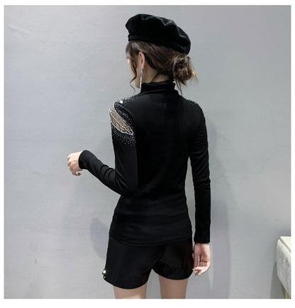 2025 European Station Long Sleeve Women Tees Autumn Winter New Stand collar Hot Diamond T Shirt Fashion Slim Mesh Tops