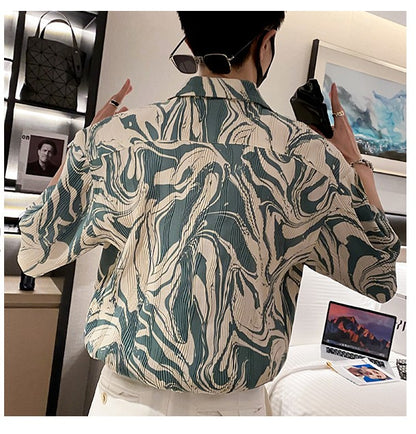 Japanese Summer Ice Silk Flower Shirt for Men Short Sleeve Loose Casual Harajuku Oversized 2023 New Thin Hawaiian Shirt Men