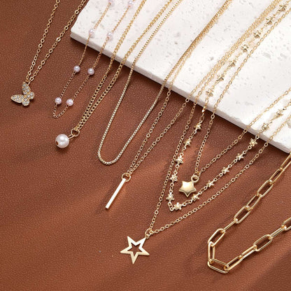 9 Peças Colares Simples Tipo Choker para Mulheres Moda Coração Amor Estrela Pingente Colar Camadas Joias Presente Europeu e Americano 2024