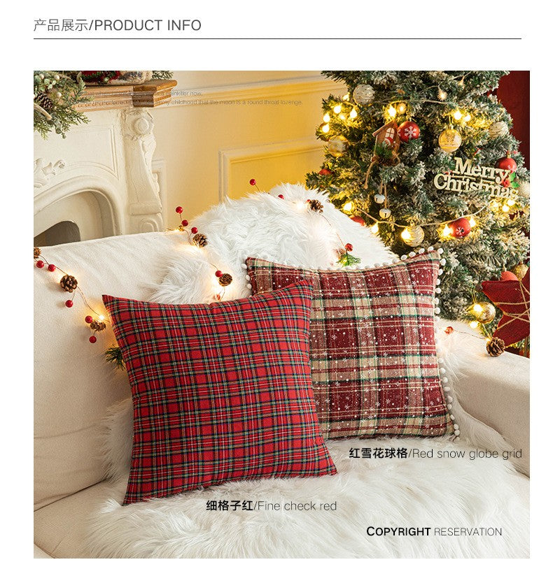 Home Christmas Decor Plaid Cushion Covers Red Checkered Polyester Cotton Xmas Ornament Snowflake Throw Pillowcase Decorative