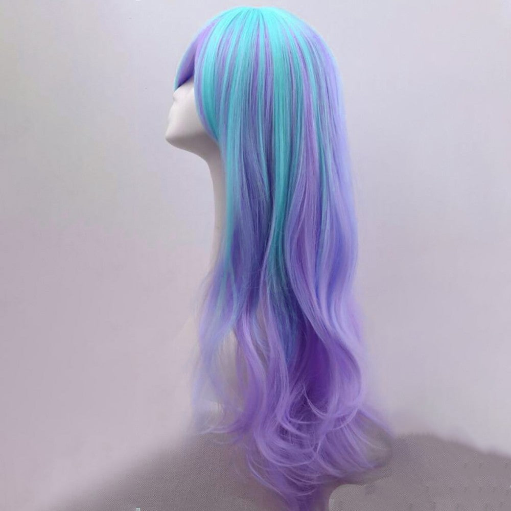 Soowee Synthetic Hair Long Wavy Cosplay Wig with Bangs Purple Blue Ombre Costume Lolita Wigs