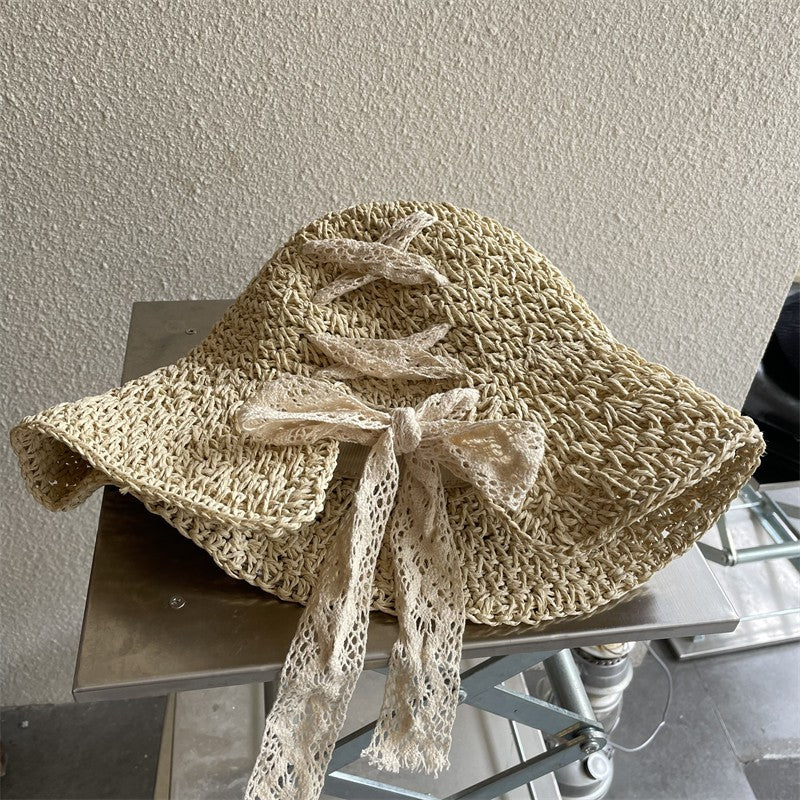 Straw Hat Women's Lace Bow Hollow Crochet Cap Summer Sunshade Sun Hat Fashion Foldable Beach Hat