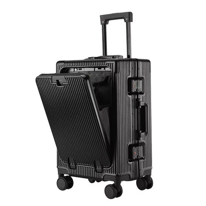 Suitcase Front Opening Pocket Aluminum Alloy Frame Rolling Luggage with USB Charging Plug Trolley Carry-on Case Bag with Wheel