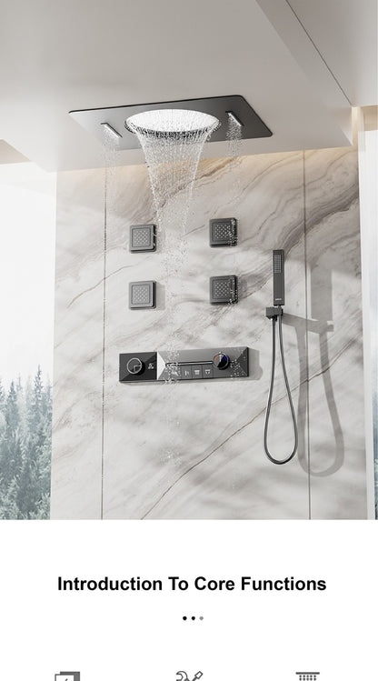 AITANA sistema de chuveiro de luxo em latão cinza arma, embutido no teto, com temperatura constante e display digital LED, torneira de banheiro com água quente e fria
