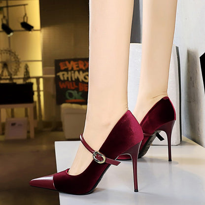 Korean Version Party 10cm 7cm High Heels Women Shoes Thin Heels Velvet Shallow Montage Pointed Toe Metal One-line Buckle Pumps