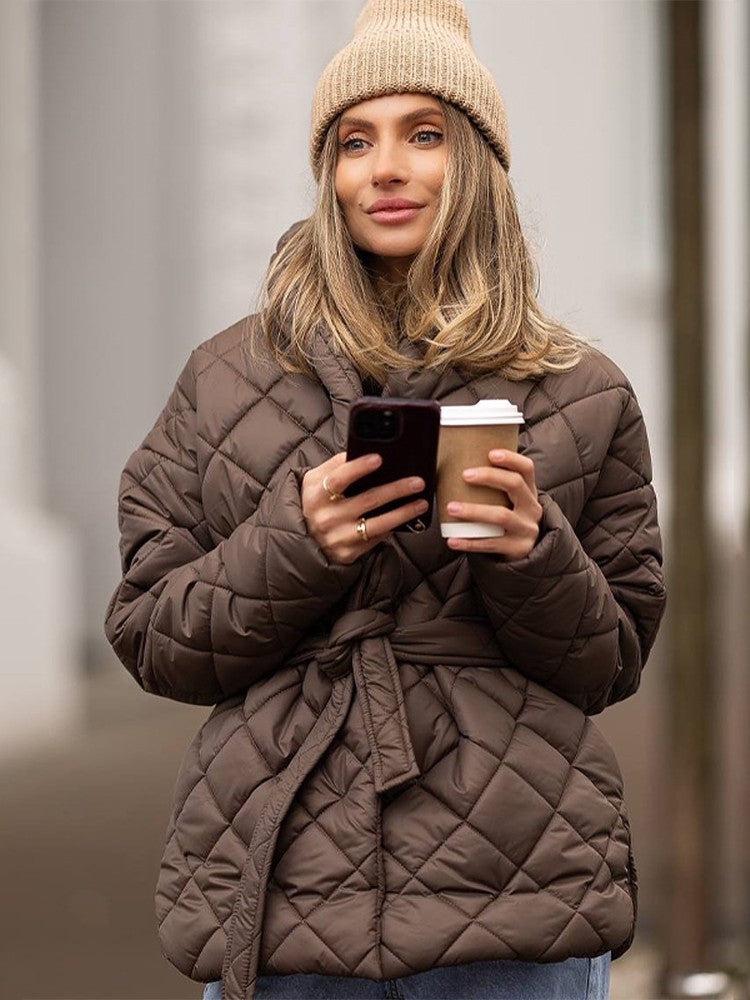 Solid Lapel Lace Up Cotton Coat Women Fashion Long Sleeve Warm Loose Pocket Short Coats Lady New Winter Commute Street Outwears