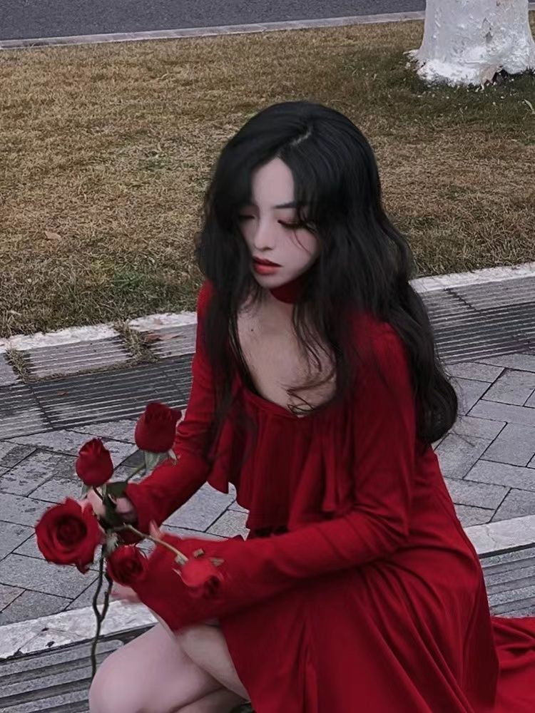 2025 Spring Women Elegant Long Slevee Midi Dress Female Red Square Collar Ruffle Party Dress Christmas Irregular Prom Dress