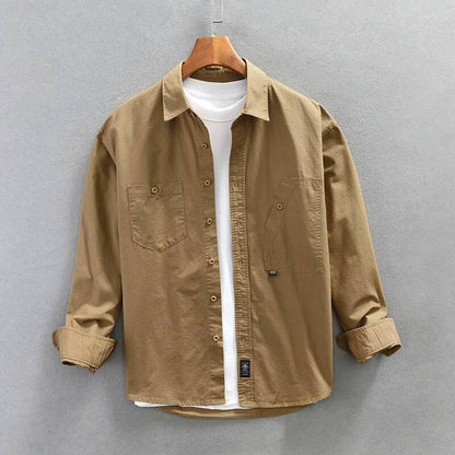 Men's Cargo Shirt Long Sleeve Premium Cotton Solid Color Japanese Streetwear Simple Handsome Chest Pocket Outdoor Work Shirst