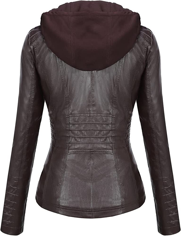 Hooded Leather Jacket Two-Piece Set Removable Large Size Leather Jacket for Women Spring & Fall Outwear for Women Pu Washed Leather