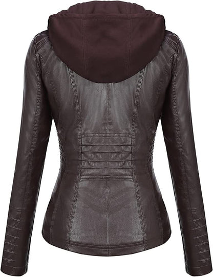 Hooded Leather Jacket Two-Piece Set Removable Large Size Leather Jacket for Women Spring & Fall Outwear for Women Pu Washed Leather