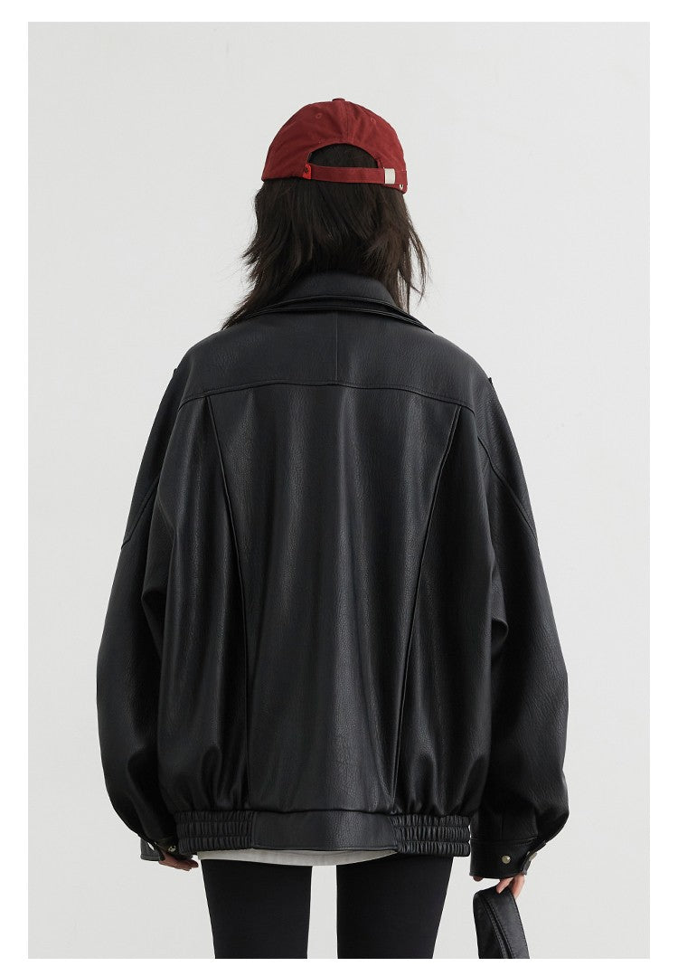 Mauroicardi Spring Autumn Retro Black Oversized Pu Leather Motorcycle Jacket Women Belt Zipper Luxury European Fashion 2025