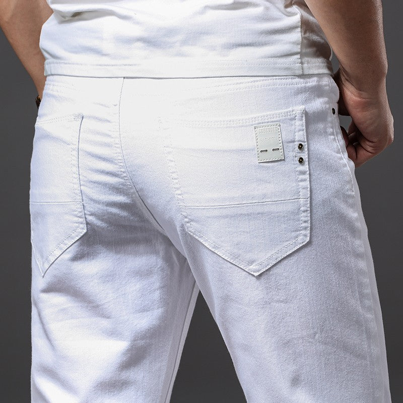 Calça Jeans Masculina Branca Casual Clássica Slim Fit Macia Marca Masculina Avançada Stretch