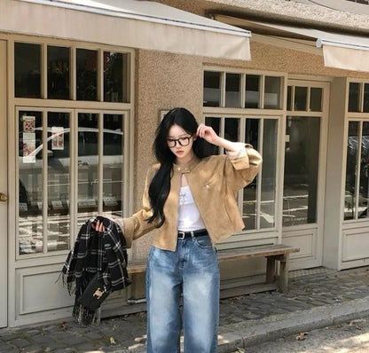 Retro American Coffee Brown Copper Zipper Button Short Jacket 2025 Autumn Trendy PU Leather Jacket Versatile for Dynamic Women