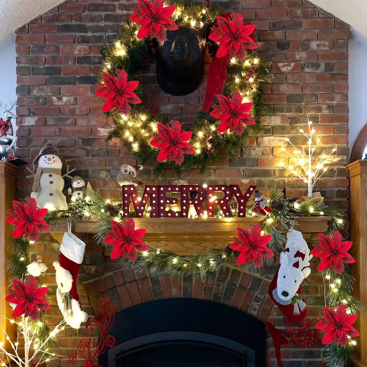 1/5/10pcs Sparkling Red Golden Silver Poinsettia Artificial Flowers Christmas Tree Ornaments for Xmas New Year party Decoration
