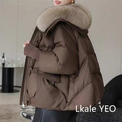 Women's Winter Parka Coat 2025 Casual Korean Version Lady Outerwear Temperament Thicken Big Fur Collar Ladies Down Cotton Jacket