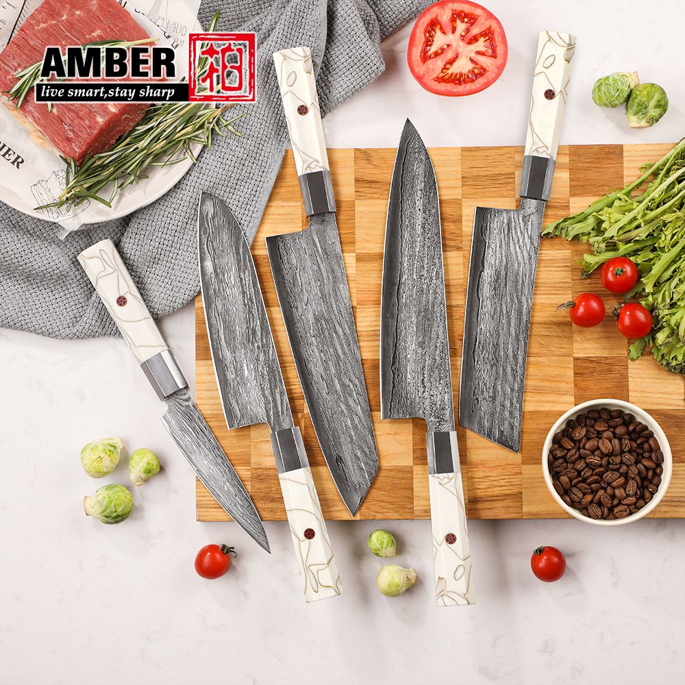 Conjunto de Facas de Chef, Conjunto de Facas de Cozinha Damasco Japonês de 6 Peças, Conjunto de Facas de Chef Profissionais de Aço Premium de 67 Camadas, com Cabo de Resina de Malha Branca
