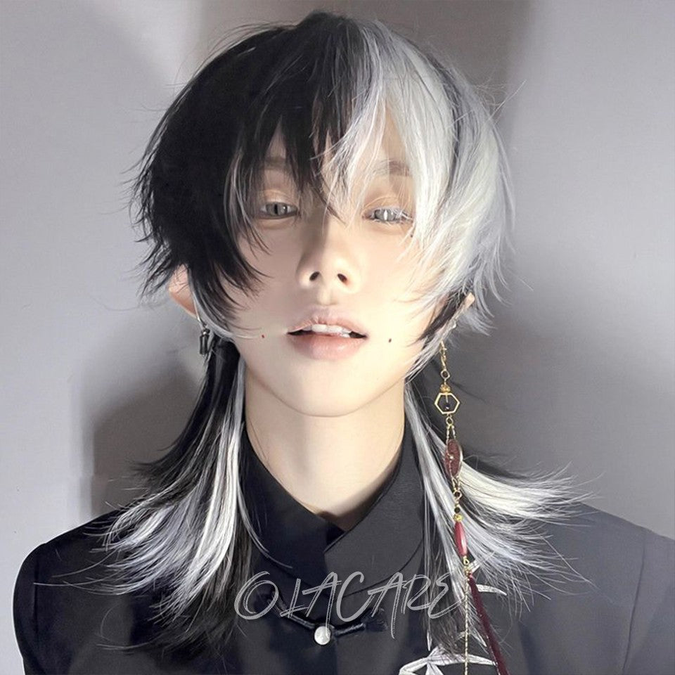 OLACARE Perucas Curta Mullet com Franja Sintética Reta Anime Masculina Preto Branco Cinza Verde Peruca de Cabelo para Festa Diária Cosplay