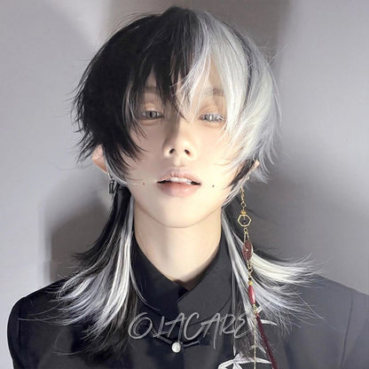 OLACARE Perucas Curta Mullet com Franja Sintética Reta Anime Masculina Preto Branco Cinza Verde Peruca de Cabelo para Festa Diária Cosplay