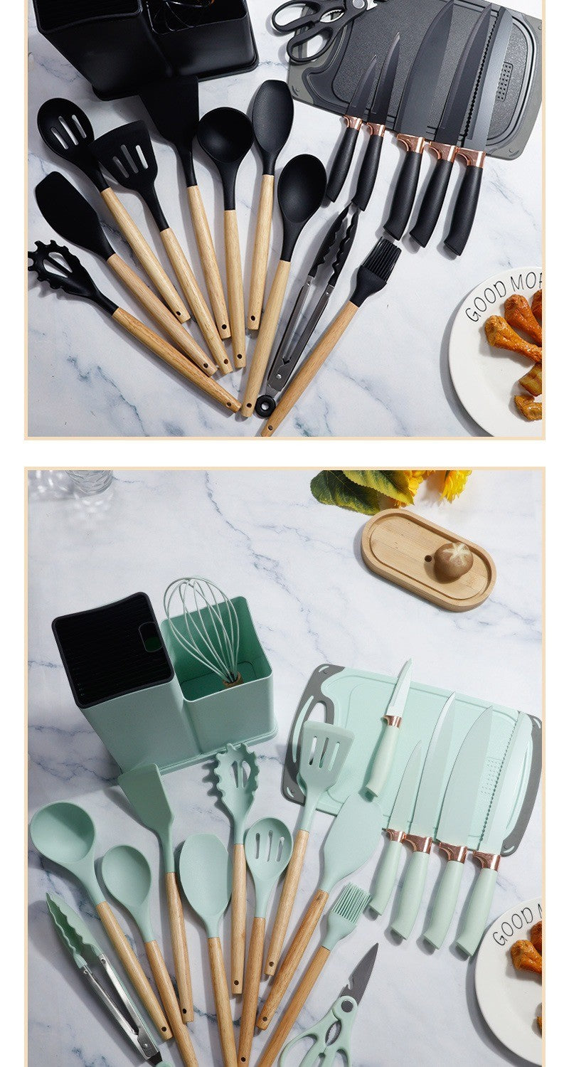 Conjunto de utensílios de cozinha de silicone, 19 peças com cabo de madeira, espátula, panela antiaderente e balde de armazenamento de facas multiuso integrado