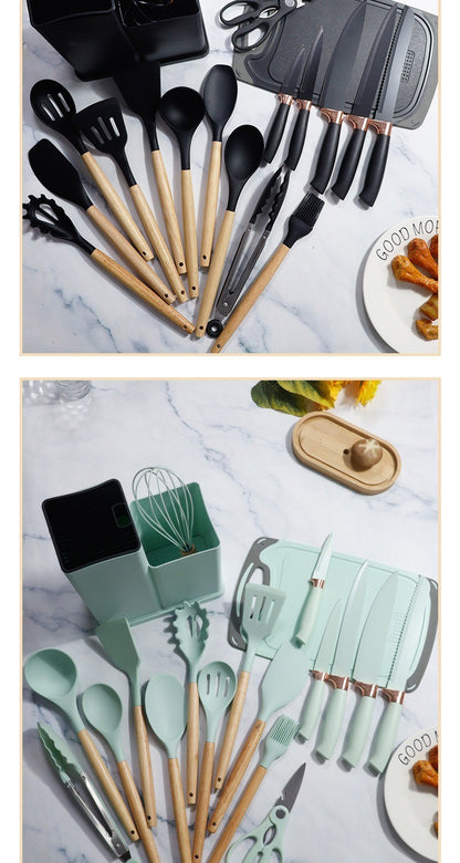 Conjunto de utensílios de cozinha de silicone, 19 peças com cabo de madeira, espátula, panela antiaderente e balde de armazenamento de facas multiuso integrado