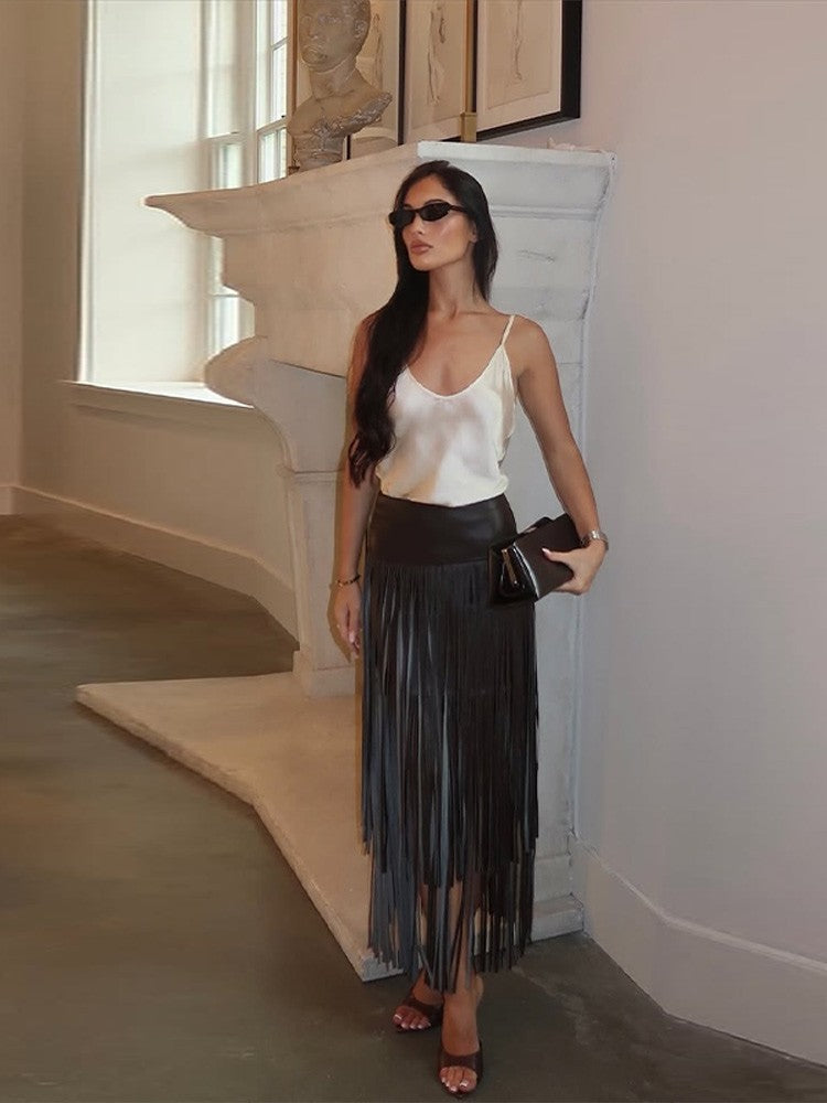 Tassel Leather Midi Skirt Women Solid High Street High-waist A-line Bodycon Long Skirts Spring Summer 2026 Chic All-match Outfit