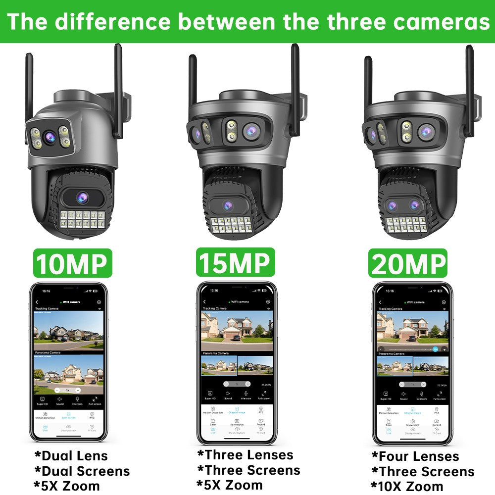 20MP 10K PTZ Wifi Camera Four Lens 10X Zoom Surveillance Camera Outdoor 360°No Dead Angle Ultra Long Range Night Vision Security