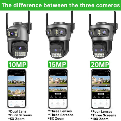 20MP 10K PTZ Wifi Camera Four Lens 10X Zoom Surveillance Camera Outdoor 360°No Dead Angle Ultra Long Range Night Vision Security