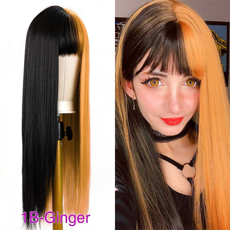Green And Black Lolita Cosplay Wig Straight Wigs With Bangs Synthetic Heat Resistant Two Tone Wigs Black & Pink Split Color Wig