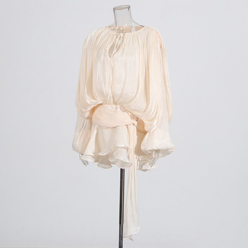 TWOTWINSTYLE Elegant Ruched Mini Dress For Women Round Neck Lantern Long Sleeve