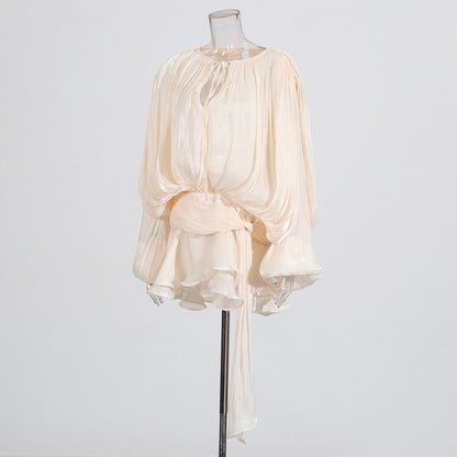 TWOTWINSTYLE Elegant Ruched Mini Dress For Women Round Neck Lantern Long Sleeve